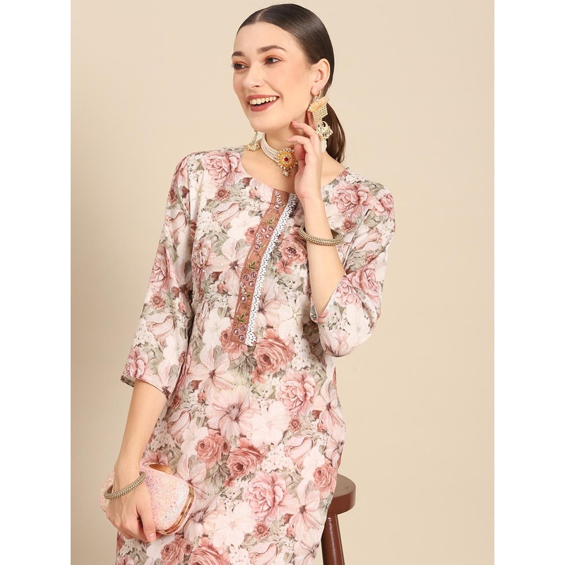 Sangria Women White & Pink Floral Printed Kurta