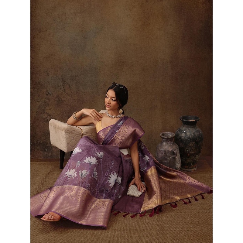 Silk Land Floral Muga Silk Digital Print Saree