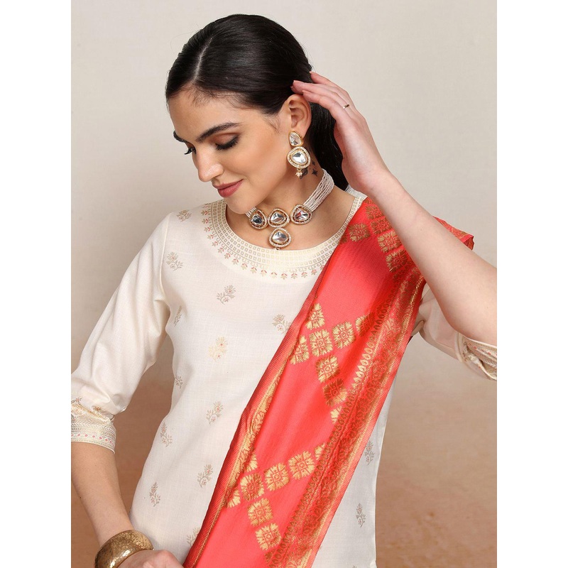 Vishudh Cream Coloured Woven Design Zari Straight Kurta With Palazzos &  Dupatta