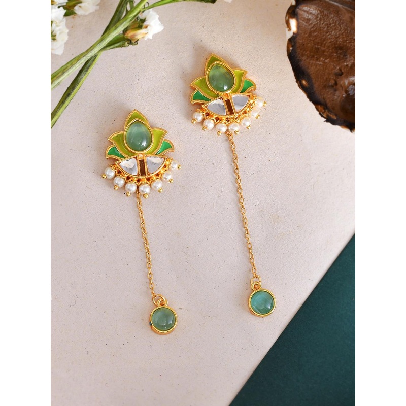 Voylla Gold-Pleated Stones and Pearls Enamelled Drop Earrings