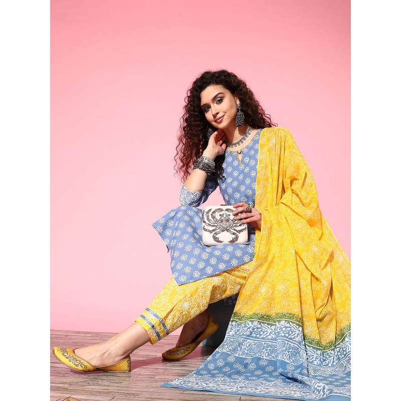 Yufta Ethnic Motifs Printed Pure Cotton Kurta with Trousers & With Dupatta