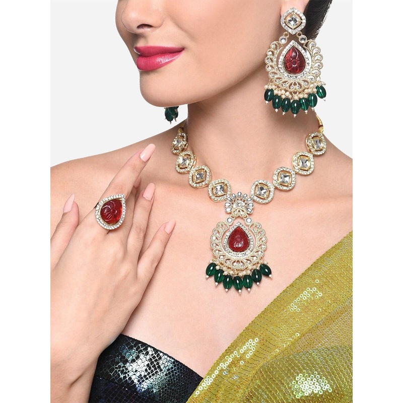 Zaveri Pearls Gold-Plated Austrian Diamonds Beaded Jewellery Set