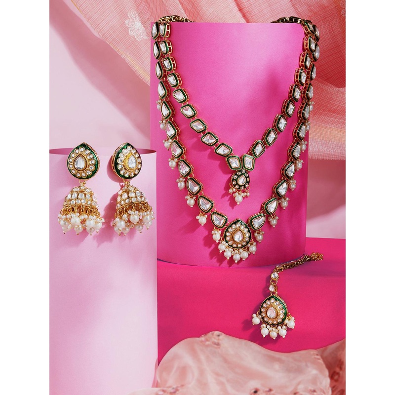 Zaveri Pearls Gold-Plated Meenakari Stone-Studded & Beaded Layered Jewellery Set