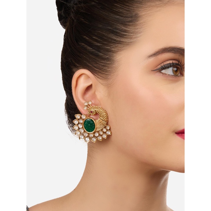Zaveri Pearls Gold-Plated Peacock Shaped Stone Studded & Beaded Drop Earrings
