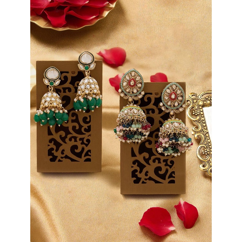 Zaveri Pearls Set Of 2 Gold-Plated Stones & Cluster Beaded Statement Dome Shaped Jhumkas