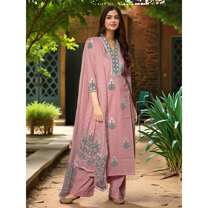 Aaghnya Floral Printed V-Neck Kurta with Palazzos & Dupatta