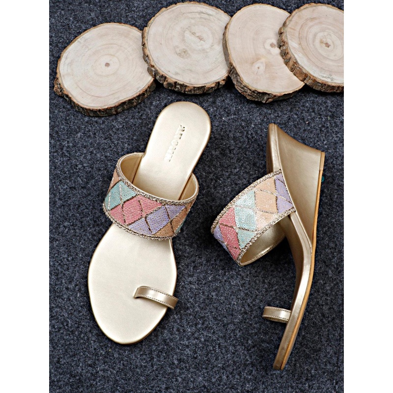 Anouk Gold-Toned Embellished Open Toe Wedge Heels