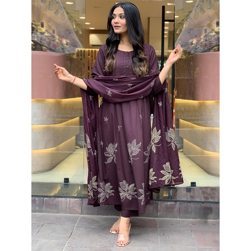 GoSriKi Floral Printed Round Neck A-Line Kurta With Trousers & Dupatta