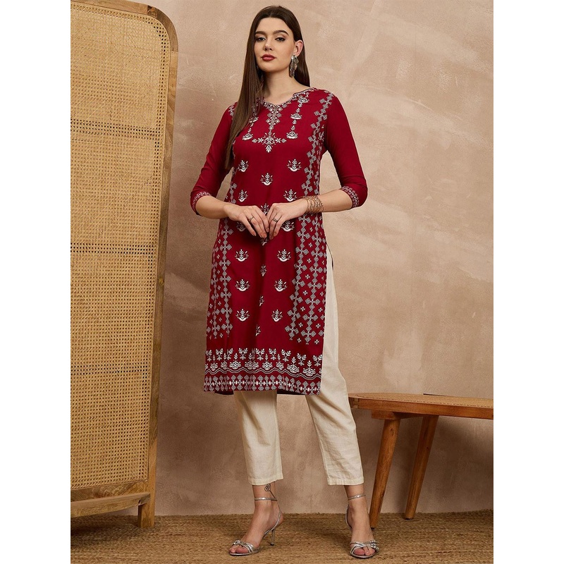 HERE&NOW Floral Printed Round Neck Straight Kurta