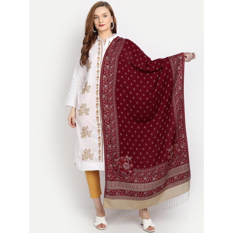 HK colours of fashion Women Maroon & White Woven-Design Shawl