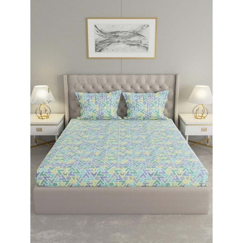 Raymond Home Green & Grey Geometric 200 TC Queen Bedsheet with 2 Pillow Covers