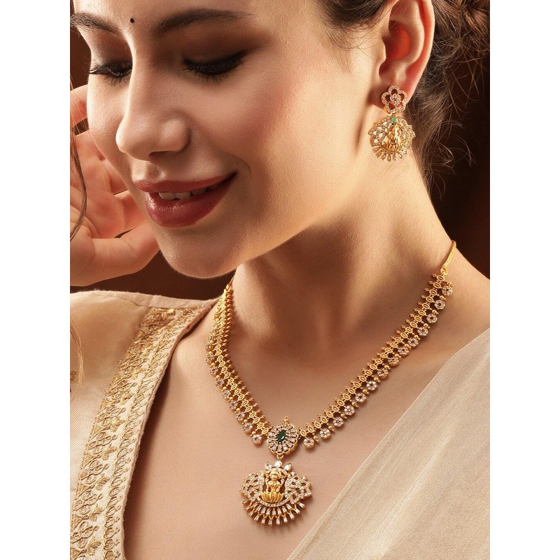Rubans 22K Gold-Plated Emerald & CubicZirconia Temple Necklace Set with Divine Laxmi Motif