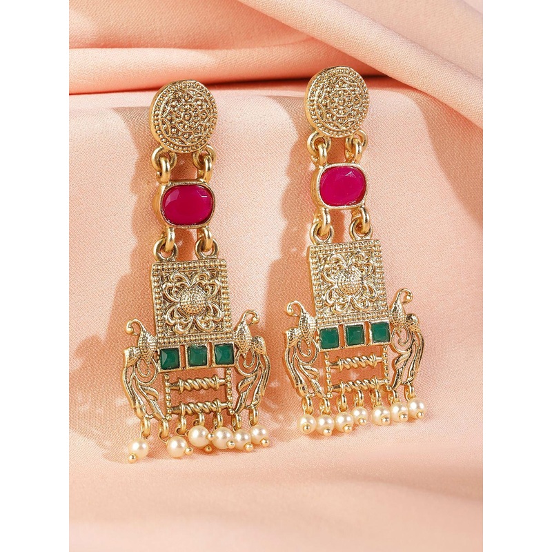 Rubans 22K Gold Plated Ruby & Emerald Studded & Pearl Beads Peacock Motif Dangle Earrings
