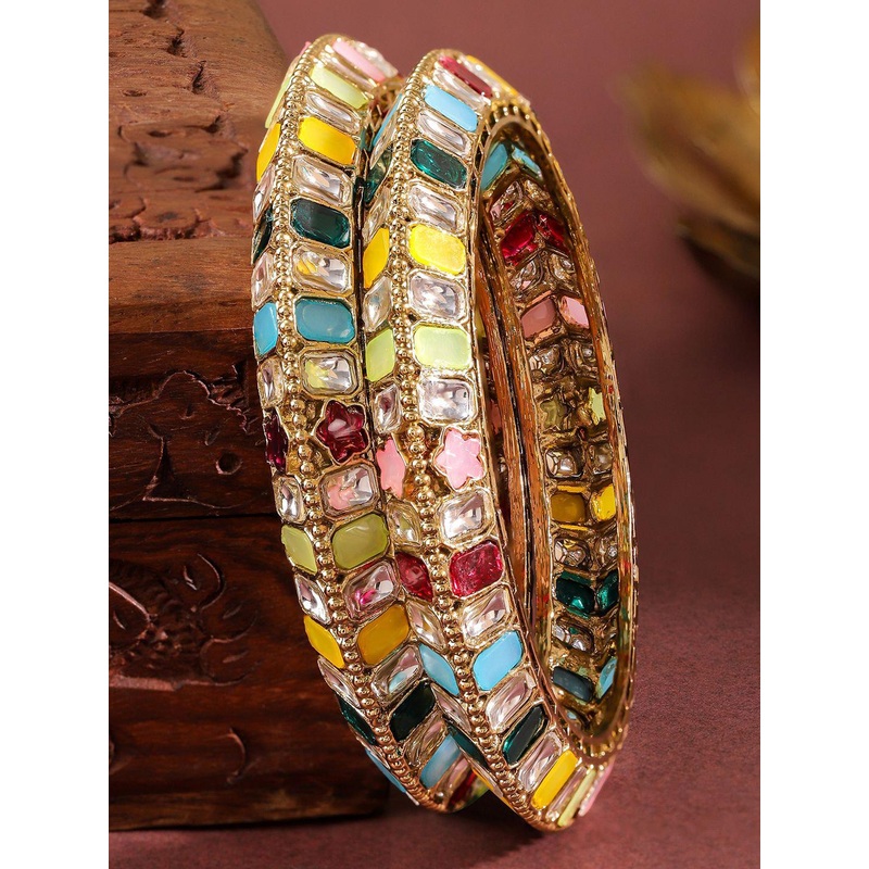 Rubans Set of 2 18K Gold-Plated Multi-Coloured Zirconia Stone Studded Traditional Bangles