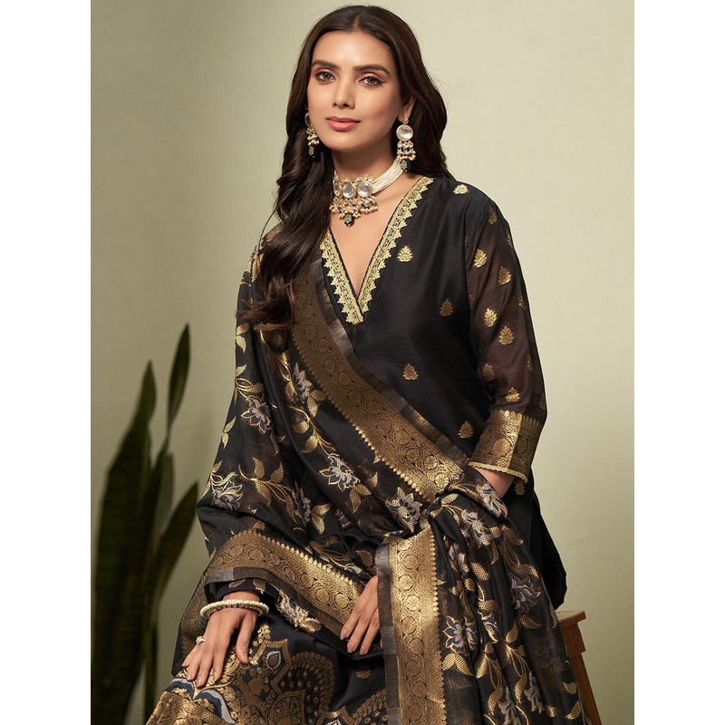 Sangria Woven-Designed Straight Kurta With Trouser & Dupatta Set