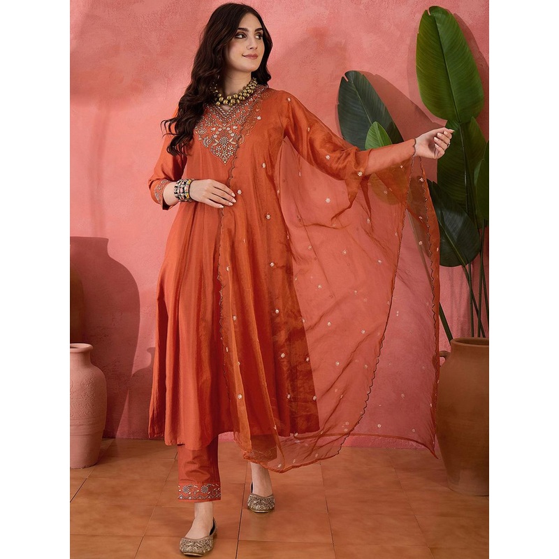 Sangria Zari Sequence Embroidered A-Line Kurta & Trousers With Dupatta