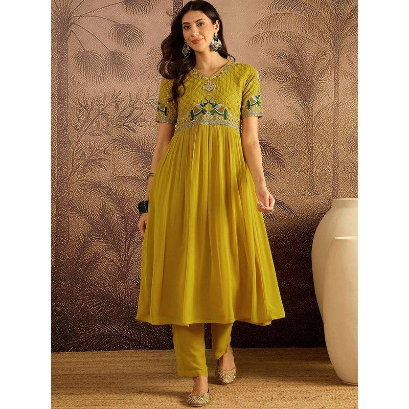 Sangria Zari Sequence Thread Embroidered A-Line Kurta With Trousers
