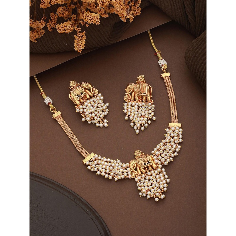 Saraf RS Jewellery Gold-Plated Elephant Motif Beads Beaded Temple Necklace With Earrings