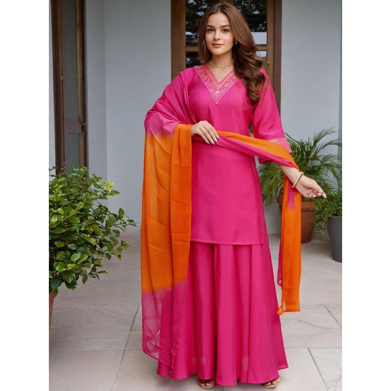 SZN Floral Embroidered V-Neck Straight Kurta With Palazzos & Dupatta