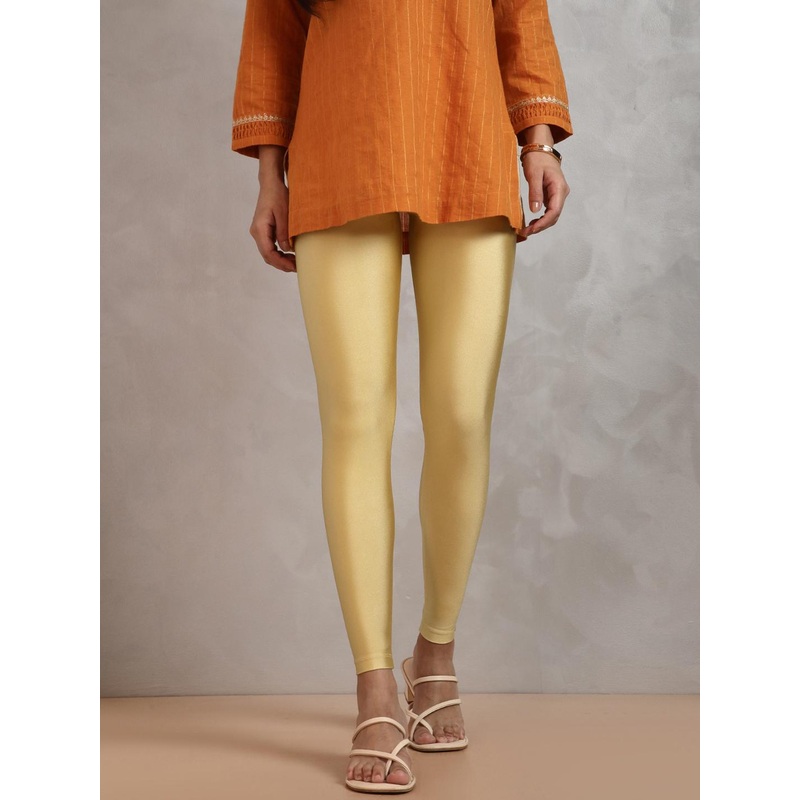 TWIN BIRDS Women Gold-Coloured Solid Ankle-Length Shimmer Leggings