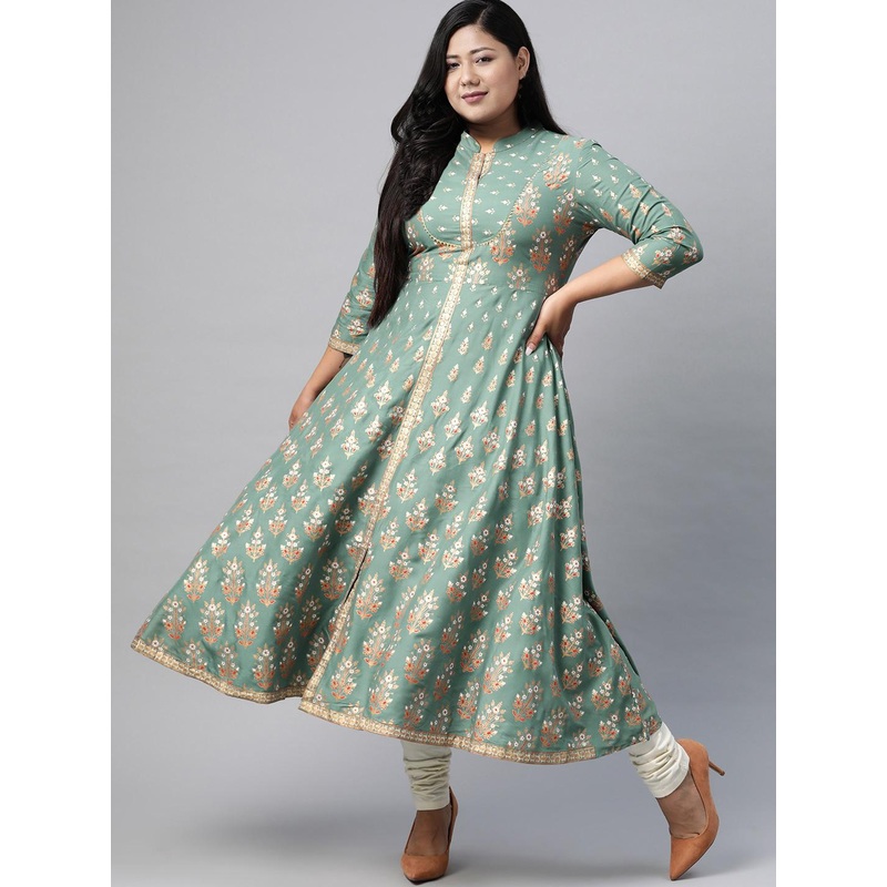 YASH GALLERY Women Plus Size Green  Golden Printed Anarkali Kurta