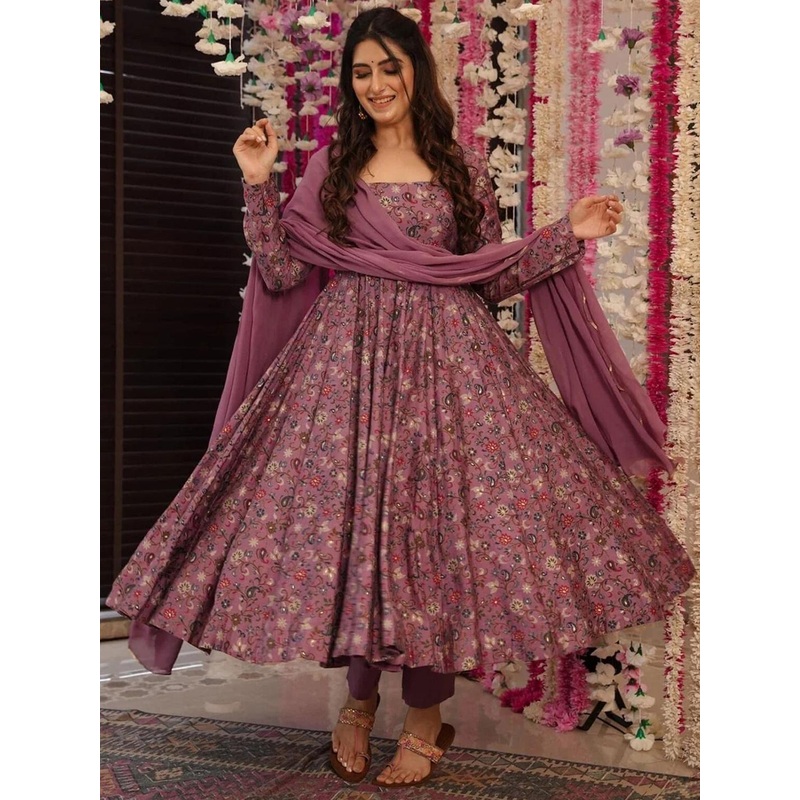 ZAIERRA Floral Printed Sequinned Anarkali  With Trousers & Dupatta