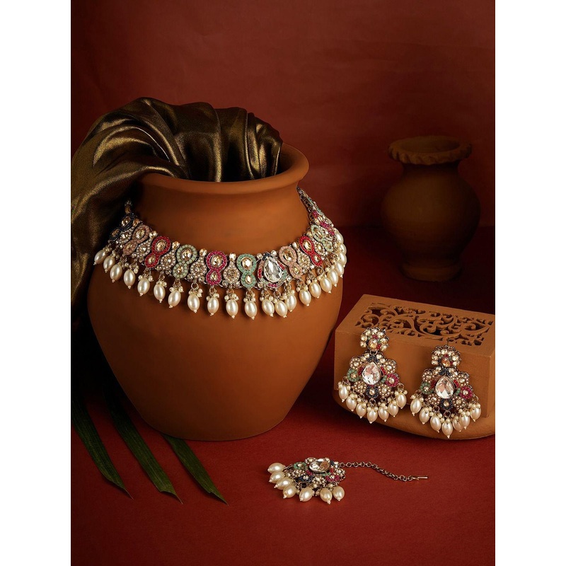 Zaveri Pearls Gold-Plated Stones-Studded & Beaded Jewellery Set