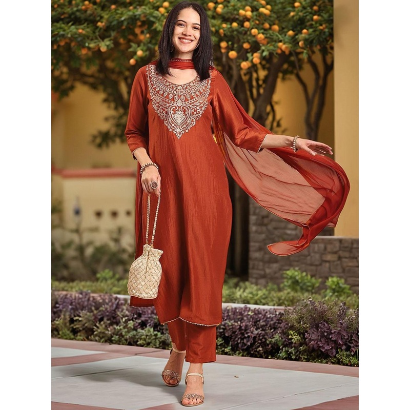 Aaghnya Floral Yoke Design Round Neck Thread Work Kurta with Trouser & Dupatta