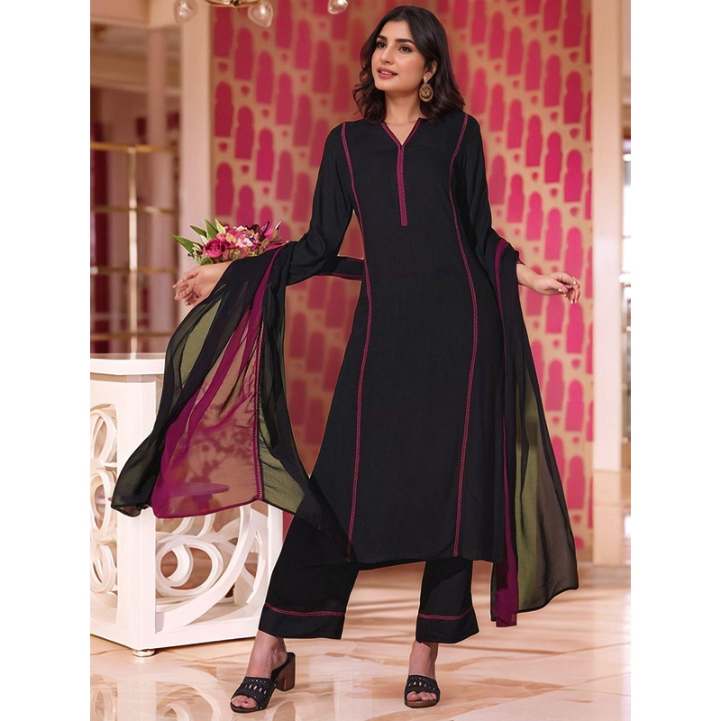 Aaghnya Women V-Neck Thread Work Straight Kurta with Palazzos & Dupatta