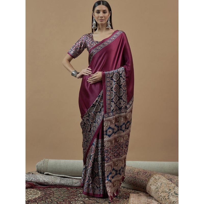 Anouk Ethnic Motifs Poly Crepe Block Print Saree