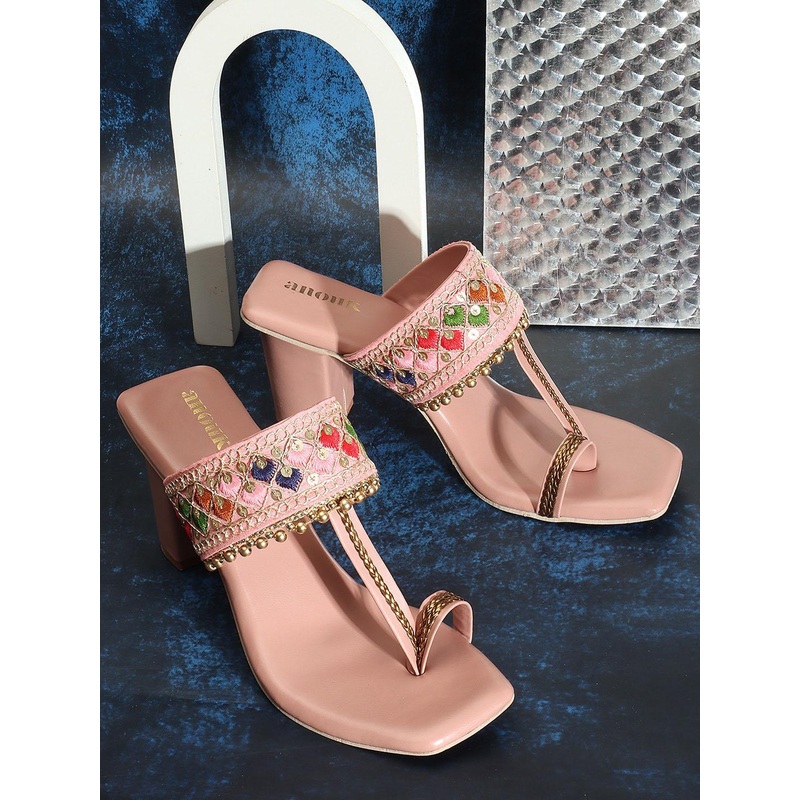 Anouk Peach-Coloured & Gold-Toned Embroidered Block Heels