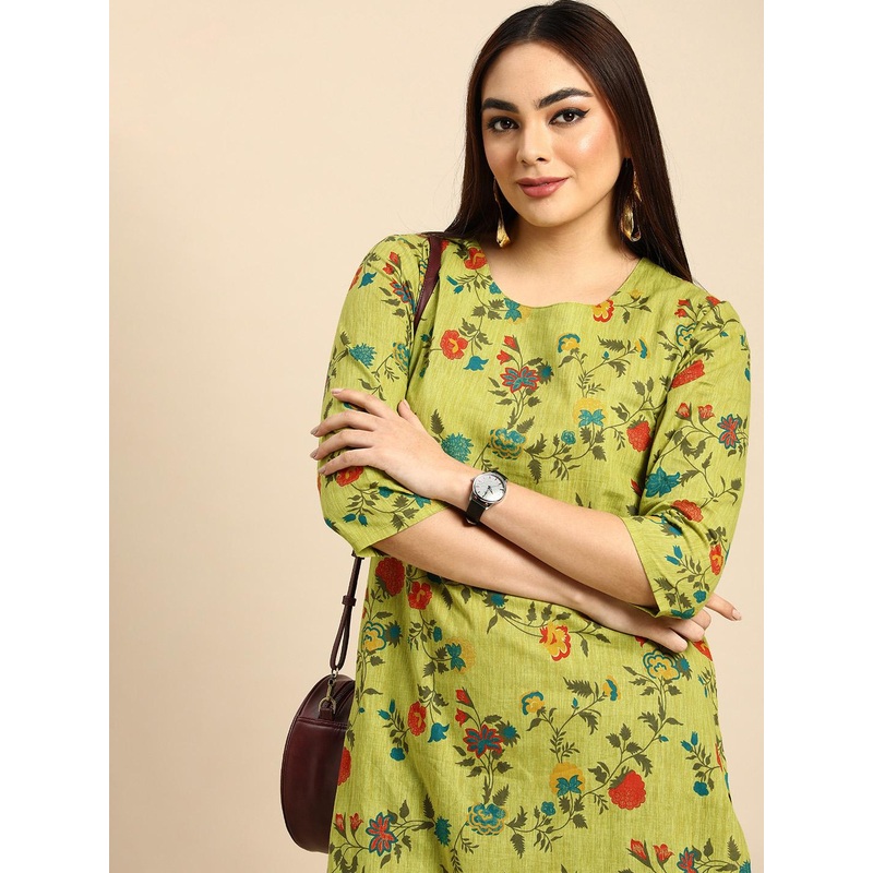 Anouk Women Green & Red Floral Printed Pure Cotton Kurta