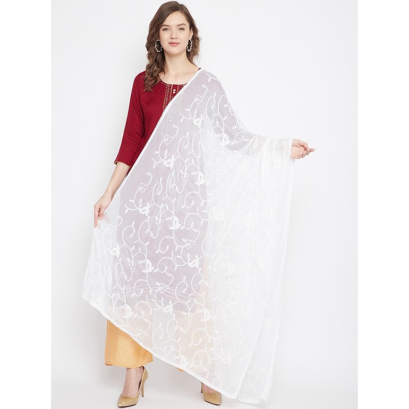 Clora Creation White Embroidered Dupatta