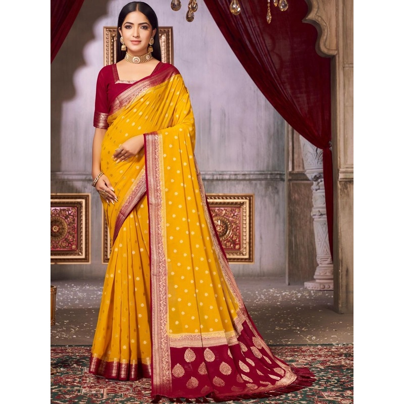HERE&NOW Mustard Woven Design Nylon  Sarees