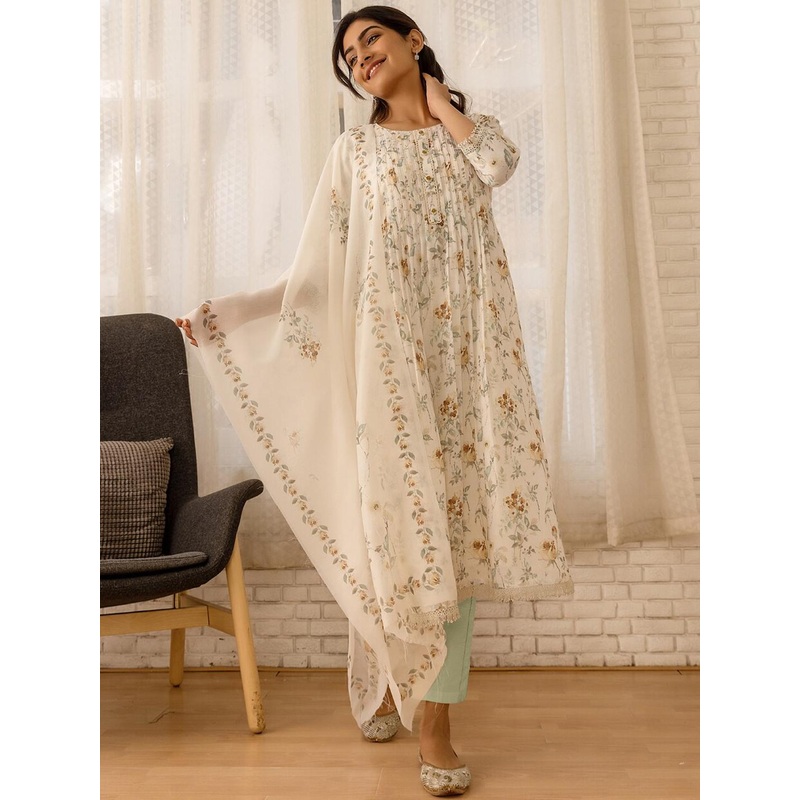 House of Pataudi Off White Floral Printed Round Neck Anarkali Kurta Trouser & Dupatta Set