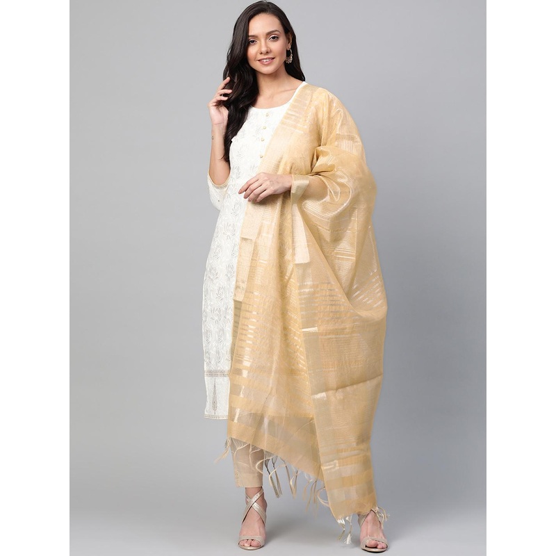 Indo Era Beige & Golden Striped Dupatta
