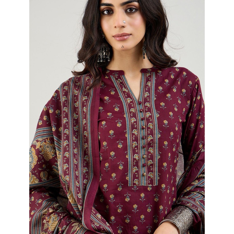 Indo Era Burgundy Floral Printed Mandarin Collar Pure Cotton Kurta with Salwar & Dupatta