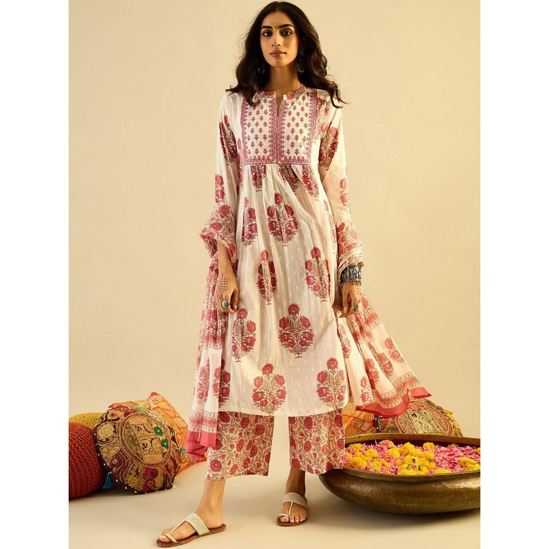 Indo Era Ethnic Motifs Embroidered Anarkali Pure Cotton Kurta with Palazzos & With Dupatta