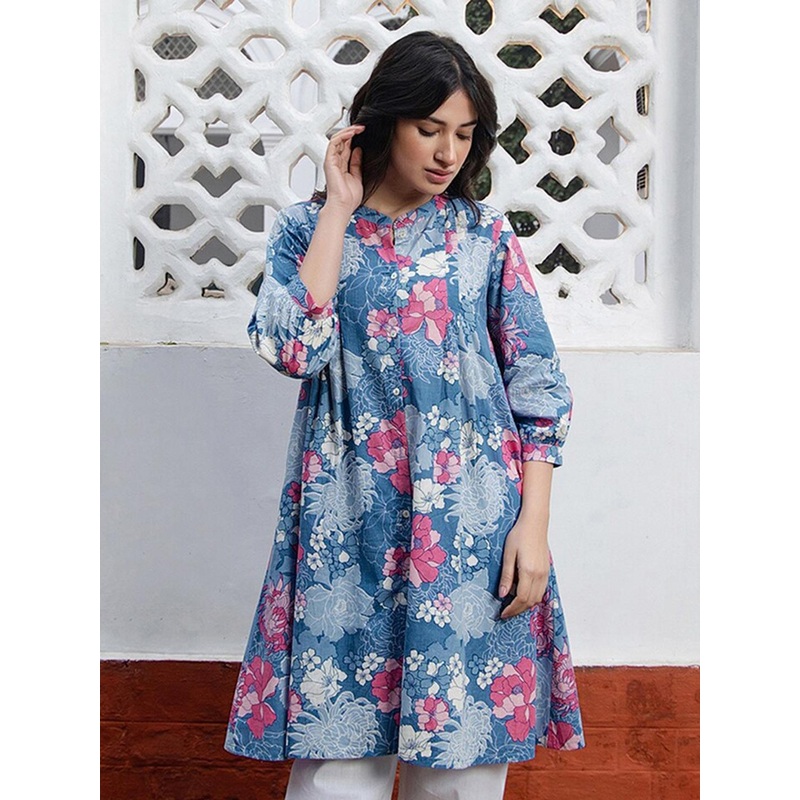 Janasya Floral Printed Mandarin Collar Pure Cotton Pleated A-Line Tunic