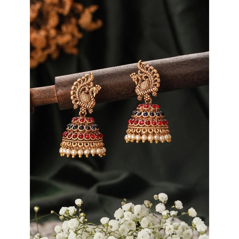 Jazz and Sizzle Gold-Plated Dome Shaped Stones Studded & Beaded  Jhumkas