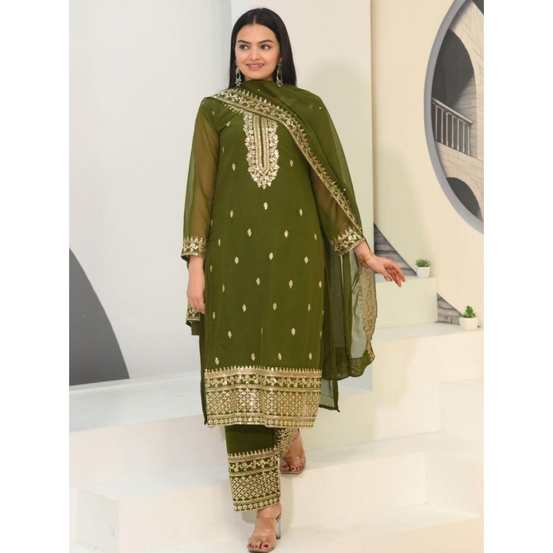 ODETTE Floral Embroidered Thread Work Georgette Kurta With Trousers & Dupatta