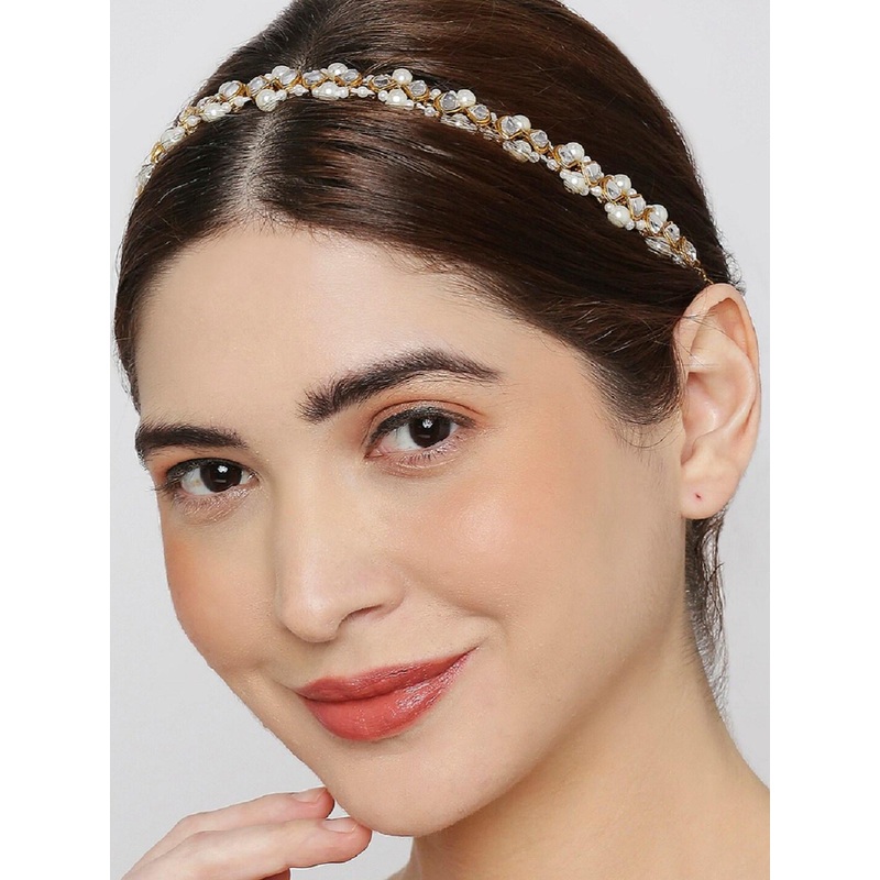 OOMPH Gold-Toned Kundan & Pearls Studded Hair-Band