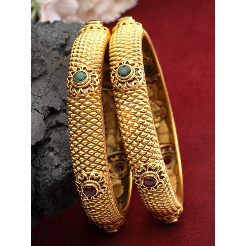 PANASH Set Of 2 24 CT Gold Plated AD-Studded Antique Bangles