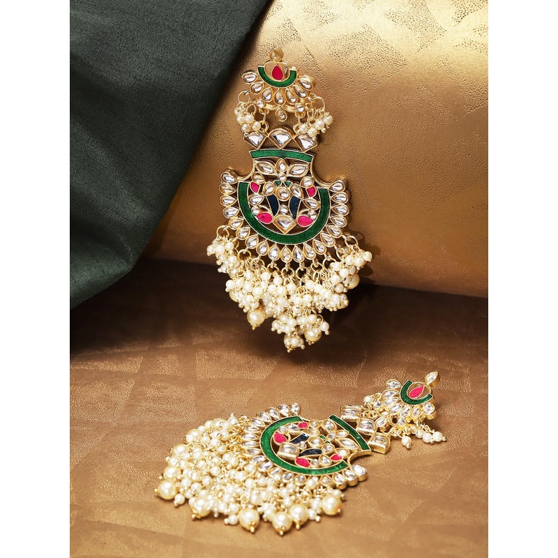 Priyaasi Green Gold-Plated Handcrafted Kundan-Studded Classic Drop Earrings