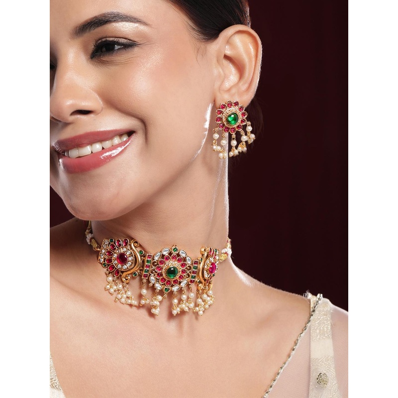 Rubans 22K Gold-Plated Emerald & Ruby Pink Kundan Choker Jewellery Set with Pearl Beads