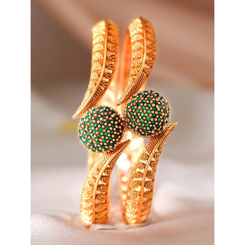 Rubans Set of 2 22K Gold-Plated Emerald Green Stone Studded Traditional Handcrafted Bangle
