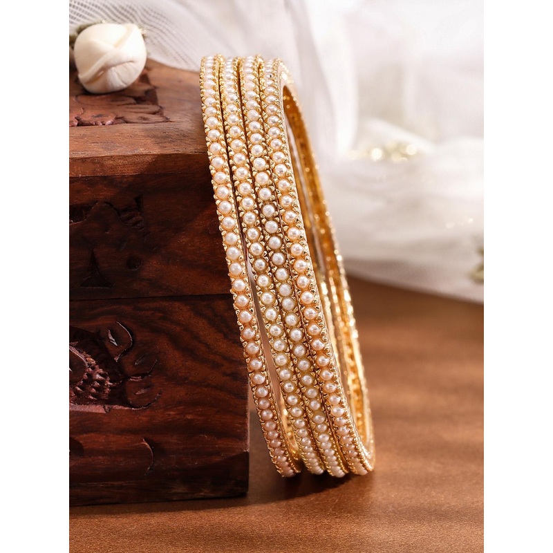 Rubans Set of 4 18K Gold-Plated Pearl Beaded Traditional Bangles – Classic & Elegant