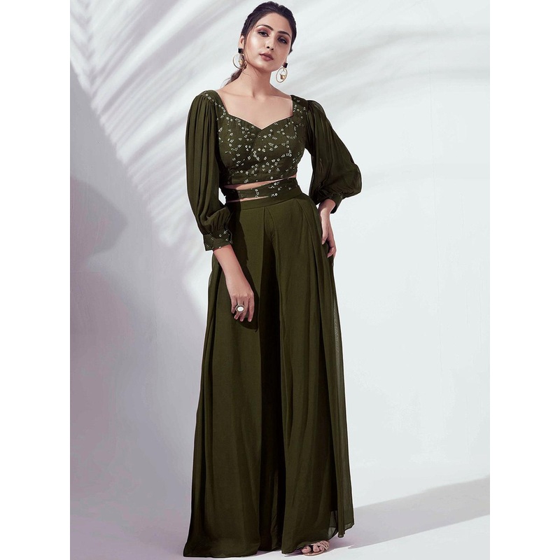 SANCIA Embroidered Three-Quarter Sleeves Georgette Top With Palazzo