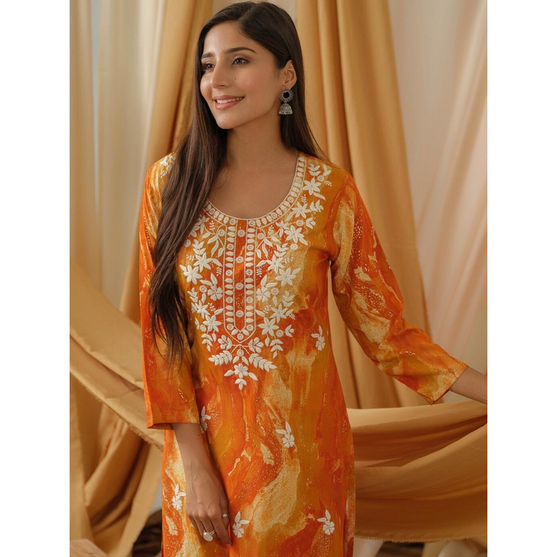 Sangria Abstract Printed Round Neck Straight Kurta