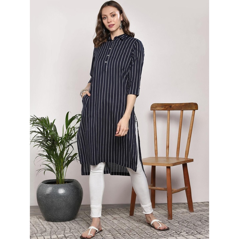 Sangria Black & White Striped A-Line Kurta